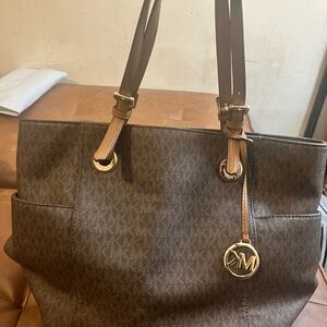 Michael Kors Brown Monogram Tote with Gold Charm